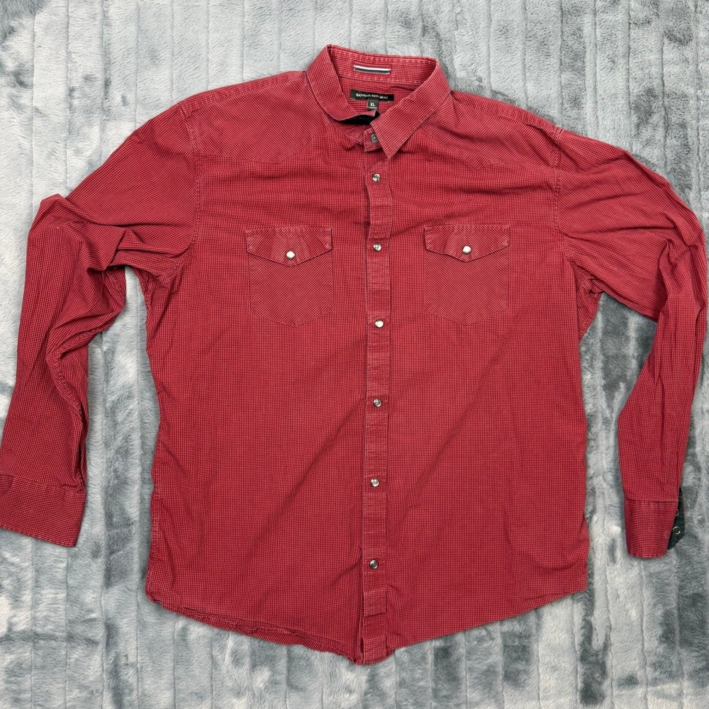 Banana Republic Mens XL Red Black Micro Check Pearl Snap Western Shirt 9235